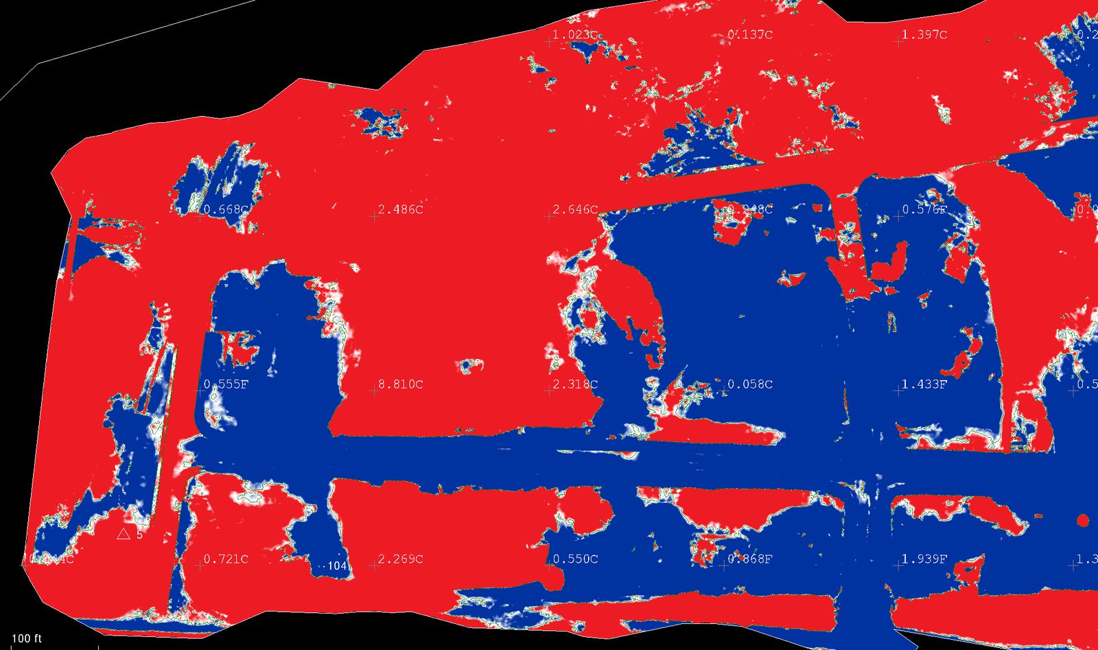 Cut and fill analysis of the same site, color banded by depth