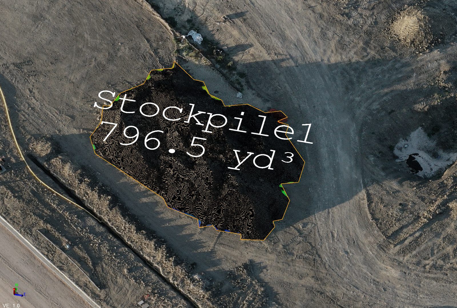 Stockpile with computed volume annotated on the model