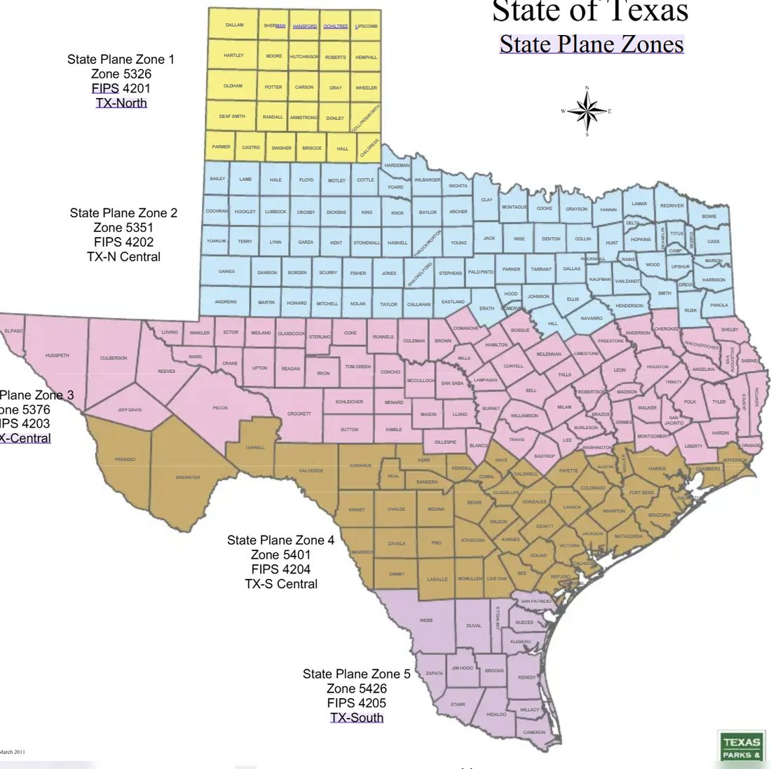 Texas State Plane zones by county